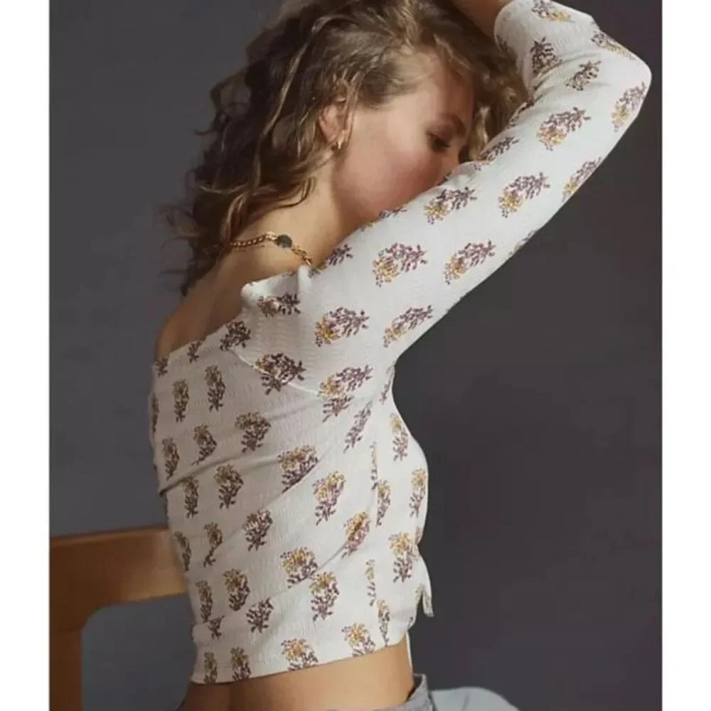 Anthropologie Sabrina Cinched‎ Crop Top Shirt neutral floral color Small Boho